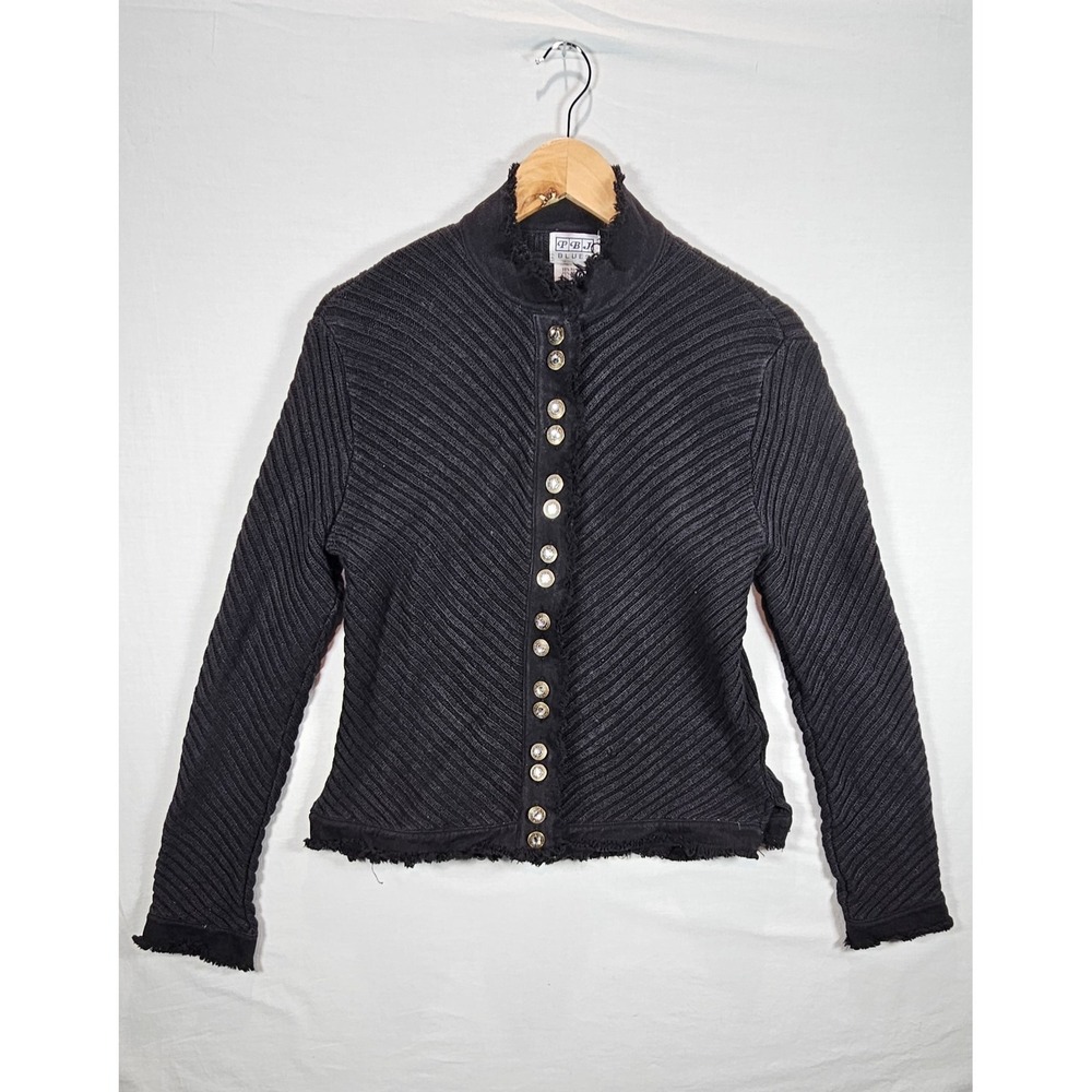 PBJ Blues Ribbed Button Jacket Womens L Ramie Cotton Frayed Trim Boho Chic Artsy